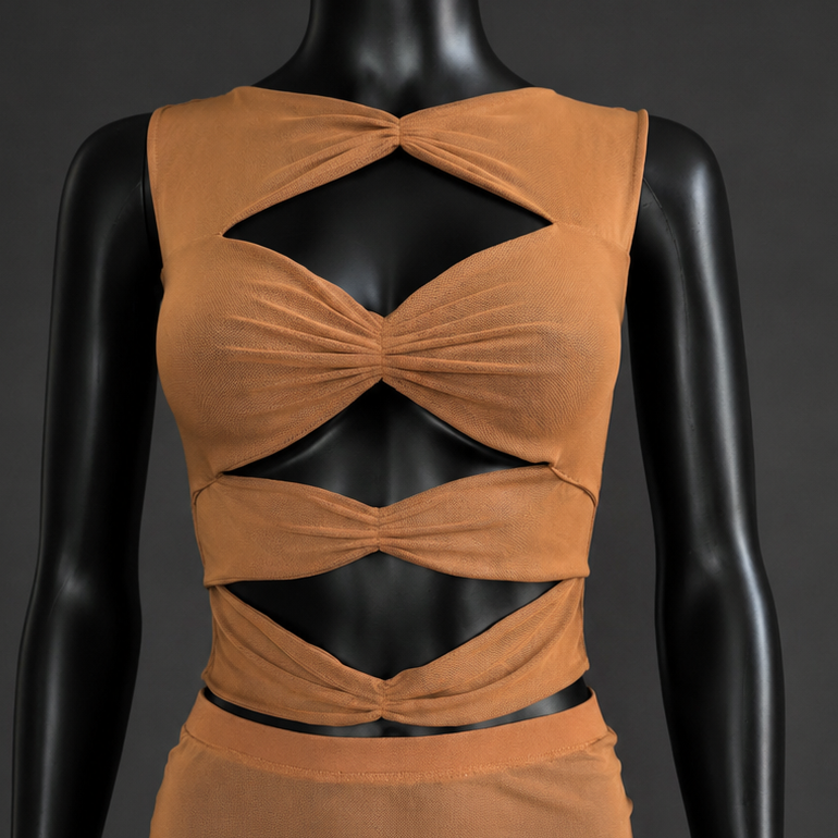 Brown Mesh Tule Tank Cut Out Top
