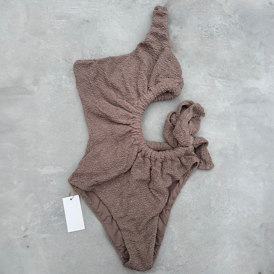 Chocolate Mousse Beehive Textured One Shoulder One Piece Swimwear