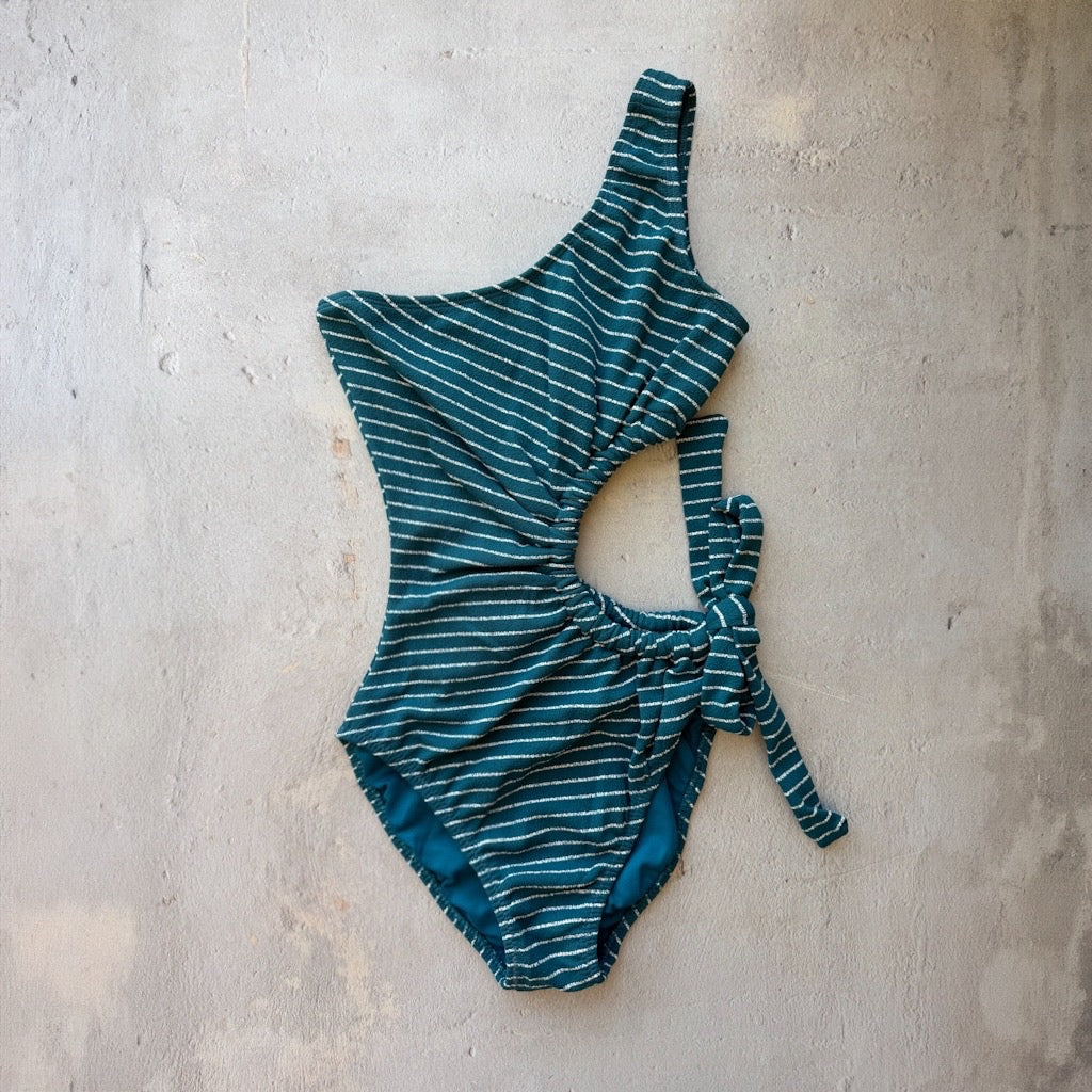 Oil Blue & White Seashore Striped Textured One Shoulder One Piece Swimwear
