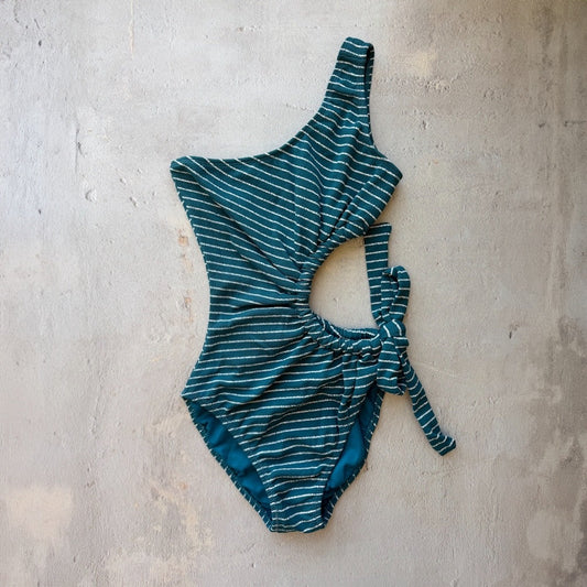 Oil Blue & White Seashore Striped Textured One Shoulder One Piece Swimwear