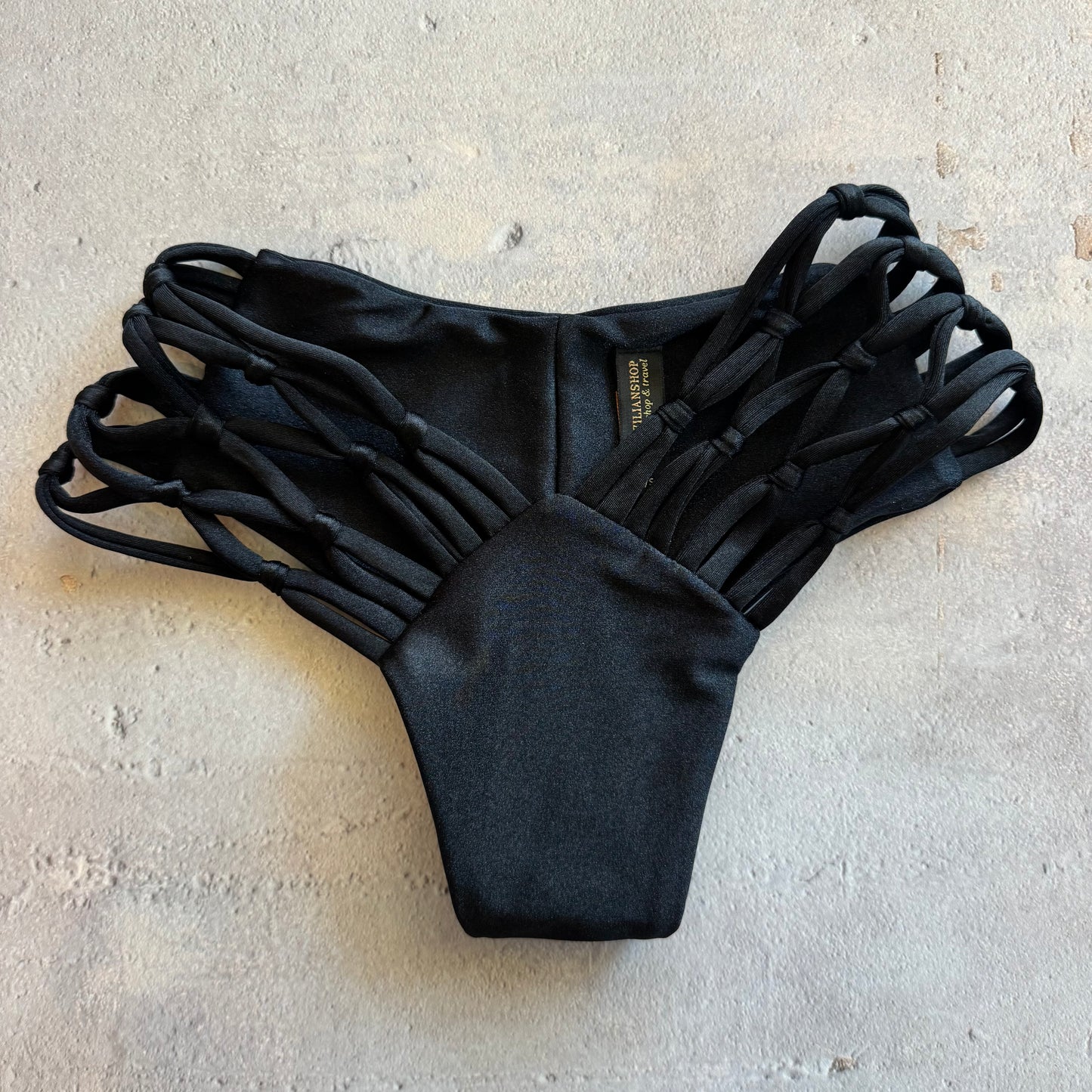 Glossy Black Cheeky Macrame Bikini Bottom