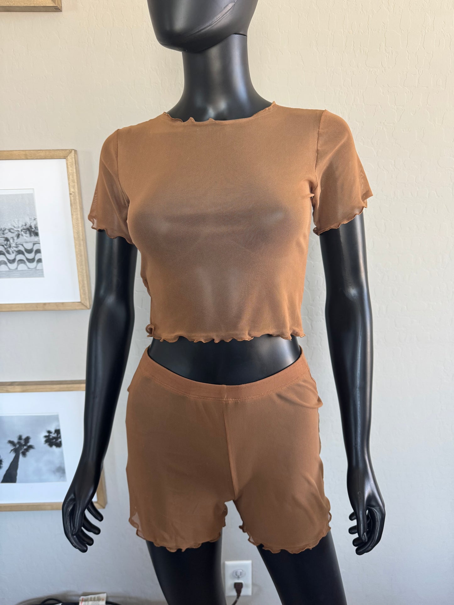 Brown Mesh Tule Short Sleeve Crop Top