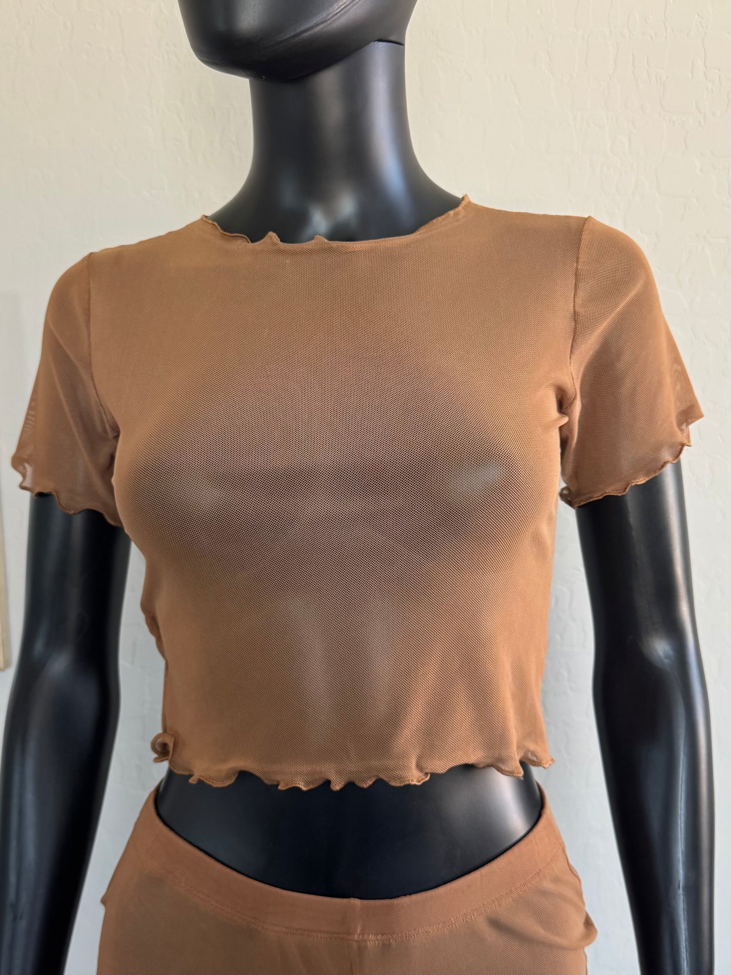 Brown Mesh Tule Short Sleeve Crop Top