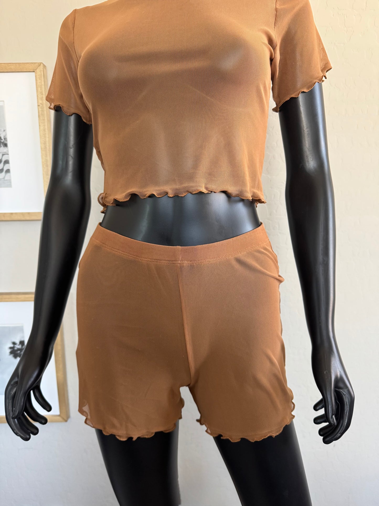 Brown Mesh Tule Short Sleeve Crop Top
