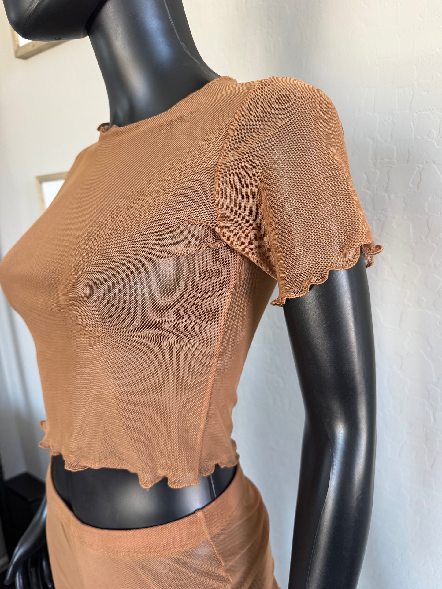 Brown Mesh Tule Short Sleeve Crop Top