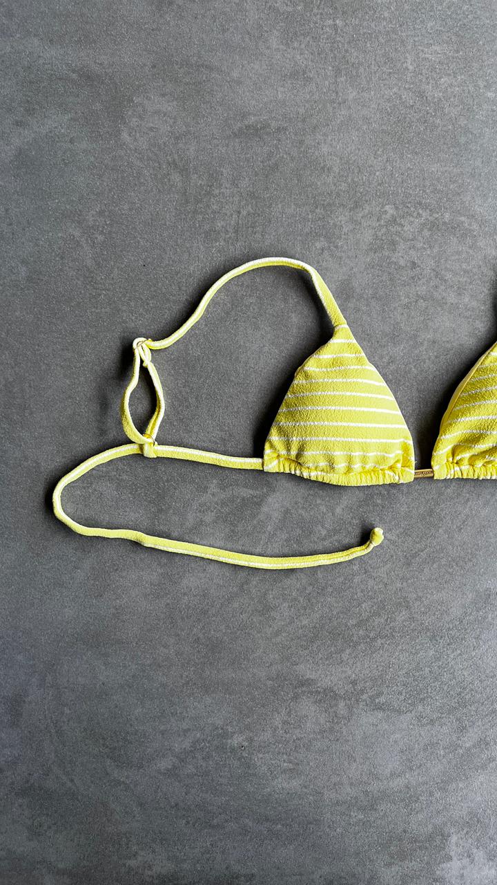 Yellow & White Seashore Striped Textured Triangle Bikini Top