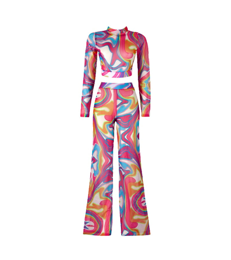 Vibrant Dreams Pants and Long Sleeves Crop Top Set