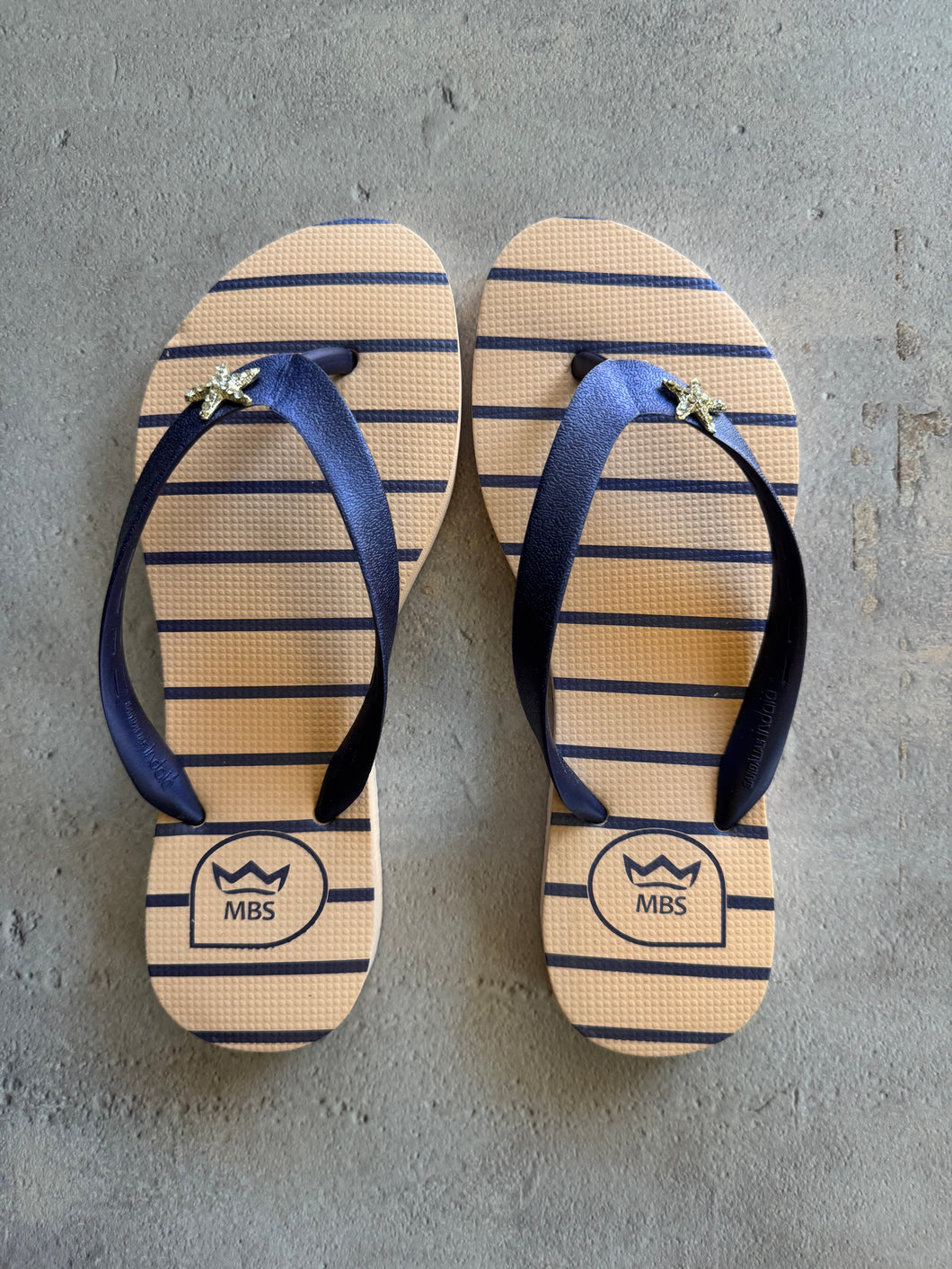 Nude and Blue Striped Star Flip Flops