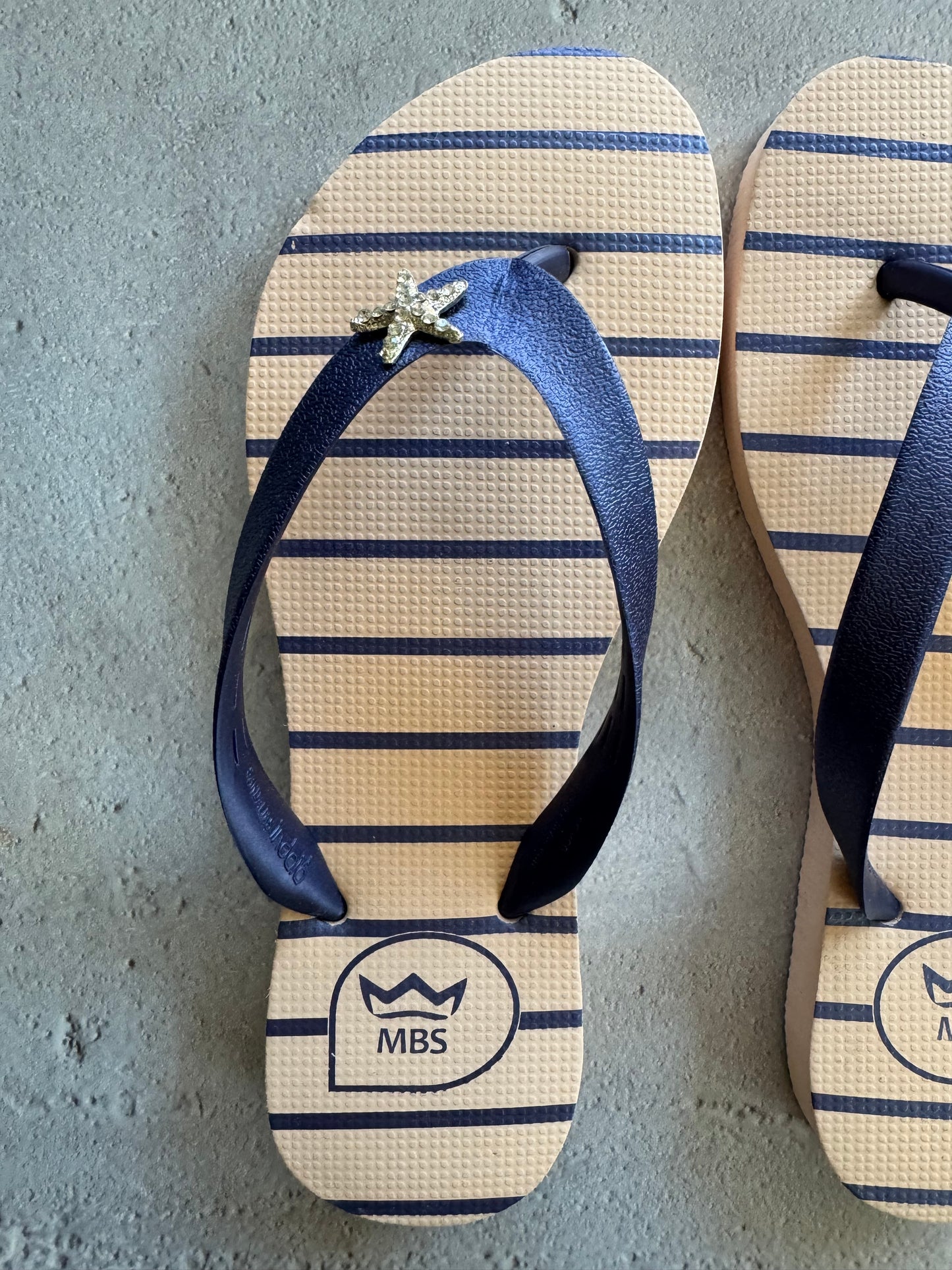 Nude and Blue Striped Star Flip Flops