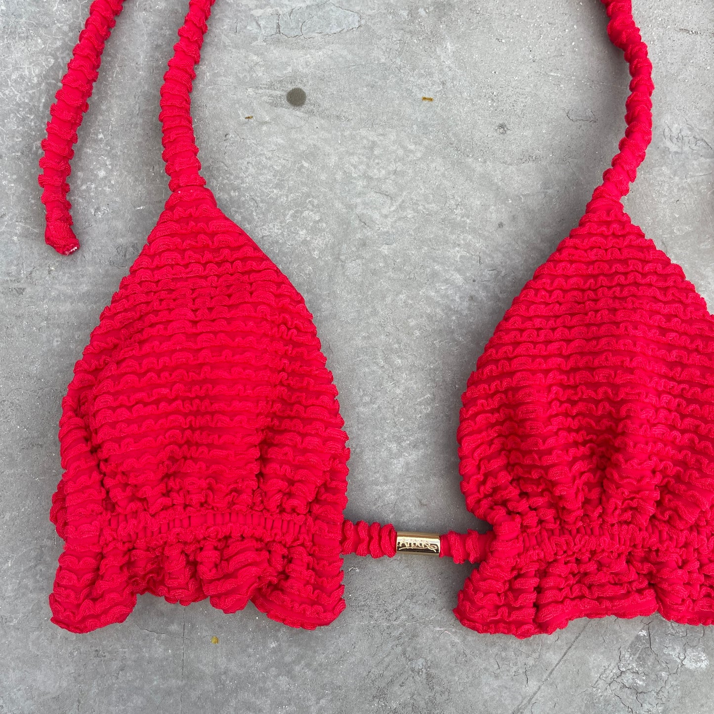 Mexican Chili Red Textured Triangle Frill Bikini Top
