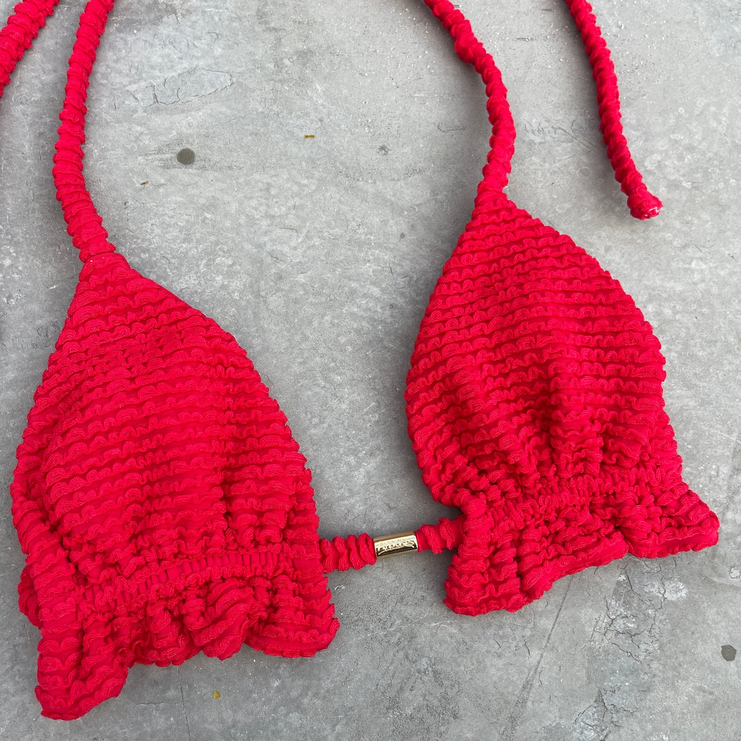 Mexican Chili Red Textured Triangle Frill Bikini Top