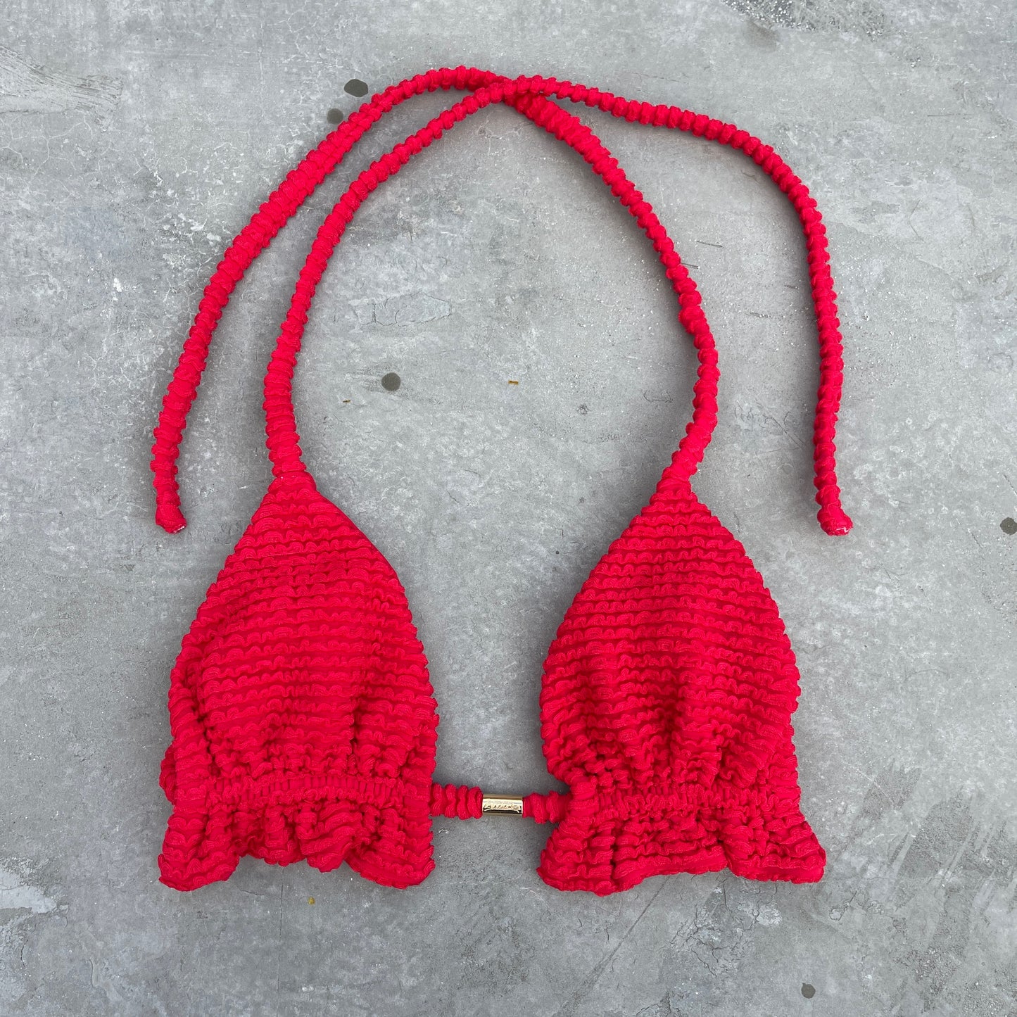 Mexican Chili Red Textured Triangle Frill Bikini Top