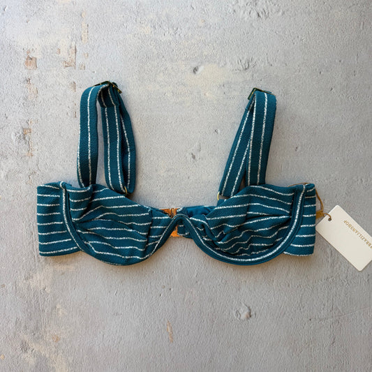 Oil Blue & White Seashore Striped Textured Maya Bikini Top