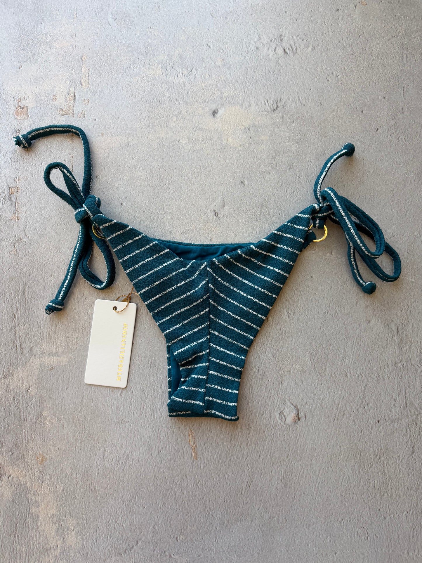 Oil Blue & White Seashore Striped Textured Katie Side Tie Bikini Bottom