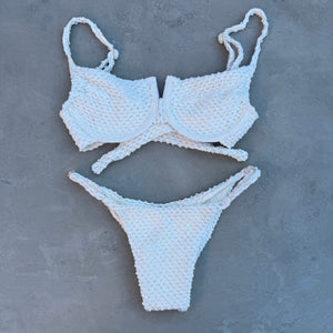 White Wave Textured Tanga Bottom Panelled Top Bikini Set