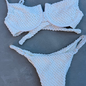 White Wave Textured Tanga Bottom Panelled Top Bikini Set