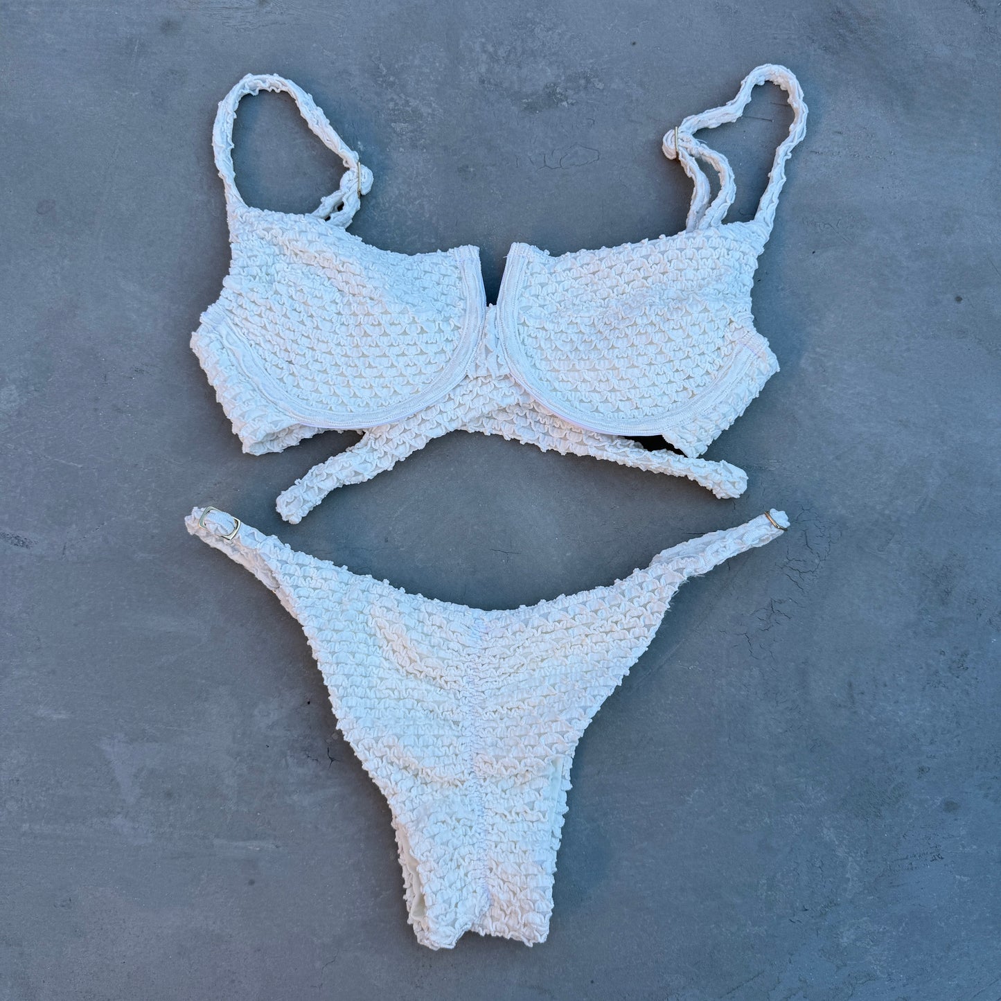 White Wave Textured Tanga Bottom Panelled Top Bikini Set