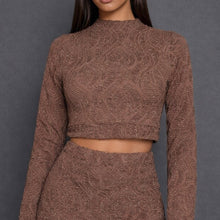 Load image into Gallery viewer, Mallorca Brown Sparkling Macrame Long Sleeve Crop Top
