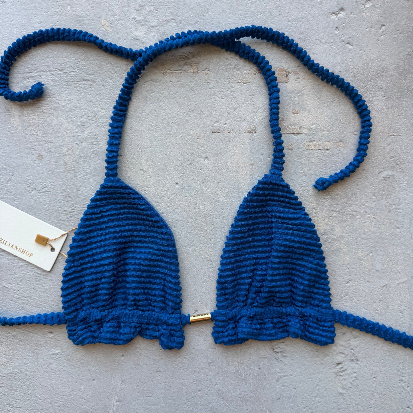 Blue Safira Textured Triangle Bikini Top