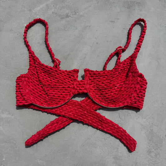 Red Sparkling Mermaid Weave Textured Panneled Bikini Top
