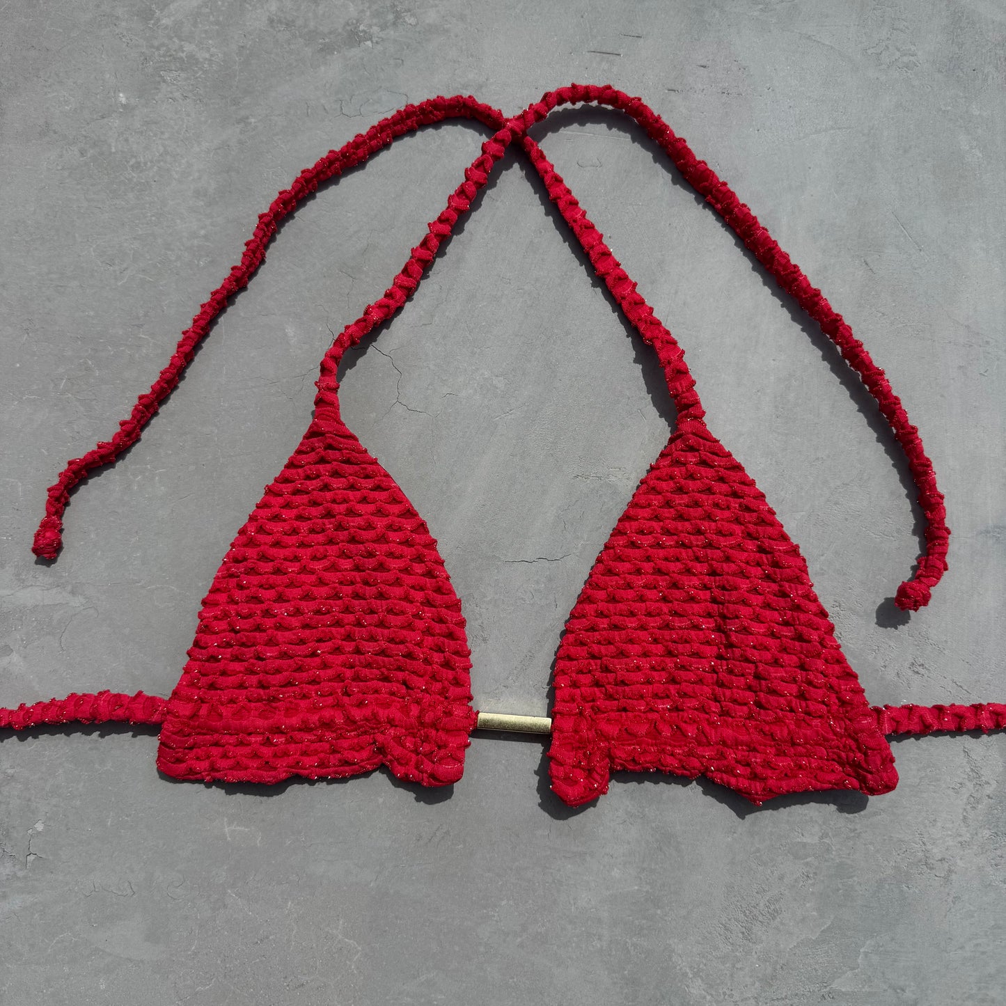 Red Sparkling Mermaid Weave Textured Triangle Frill Bikini Top