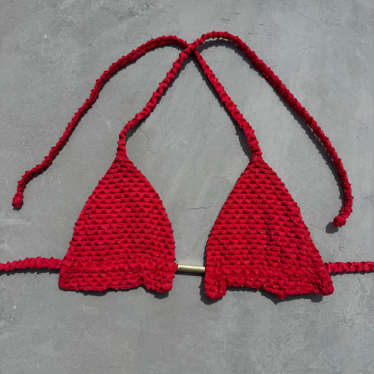 Red Sparkling Mermaid Weave Textured Triangle Frill Bikini Top