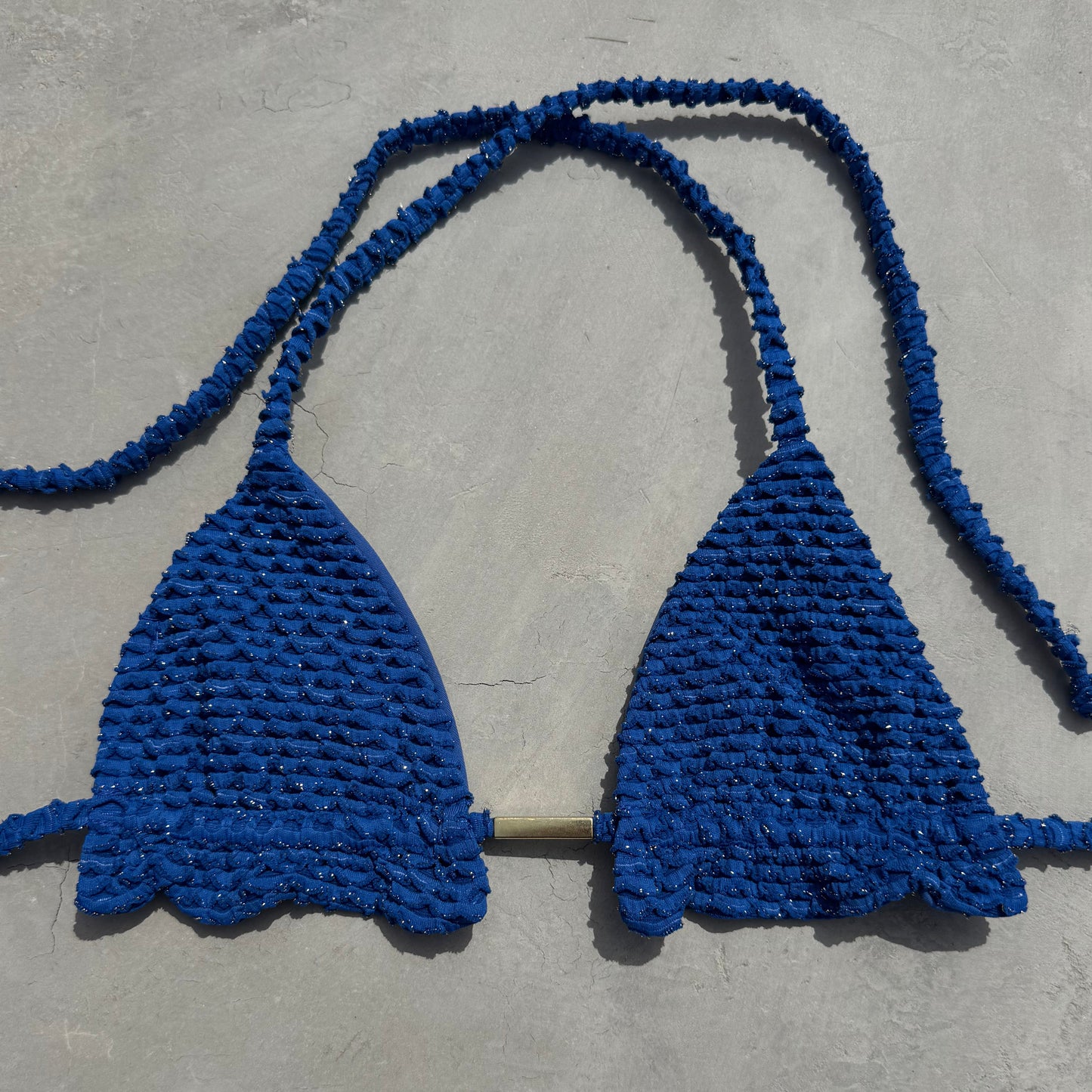 Blue Sparkling Mermaid Weave Textured Triangle Frill Bikini Top