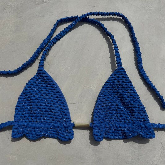 Blue Sparkling Mermaid Weave Textured Triangle Frill Bikini Top