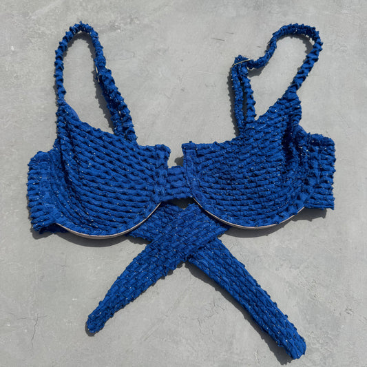 Blue Sparkling Mermaid Weave Textured Panneled Bikini Top