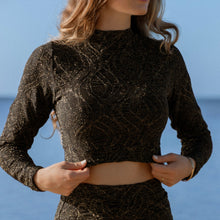 Load image into Gallery viewer, Mallorca Black Sparkling Macrame Long Sleeves Crop Top
