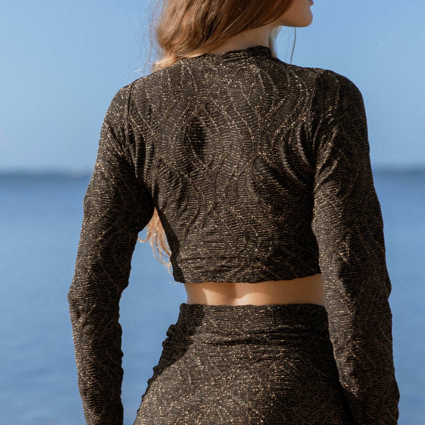 Mallorca Black Sparkling Macrame Long Sleeves Crop Top