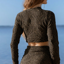 Load image into Gallery viewer, Mallorca Black Sparkling Macrame Long Sleeves Crop Top
