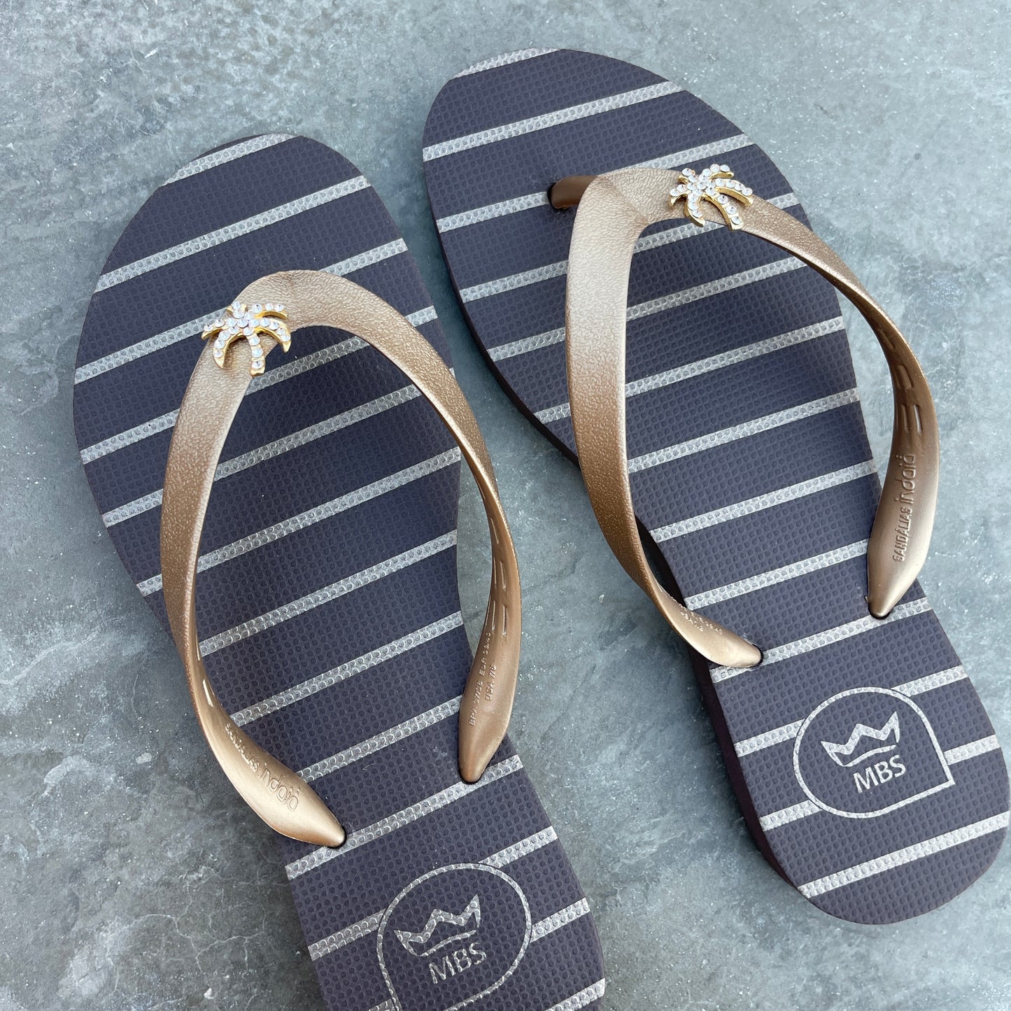 Natural Rubber Flip Flops Brown Gold Palm Tree