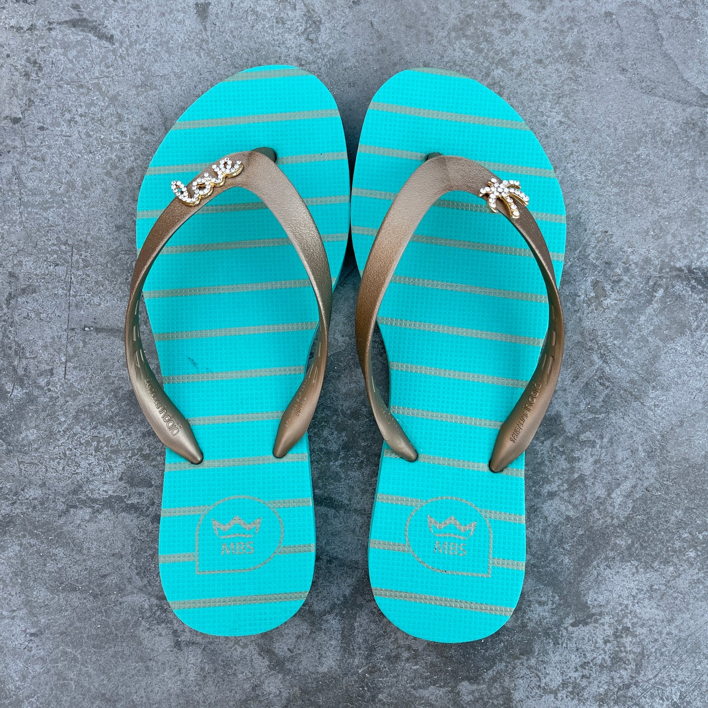 Natural Rubber Flip Flops Acqua Green Love Crystal Accessory
